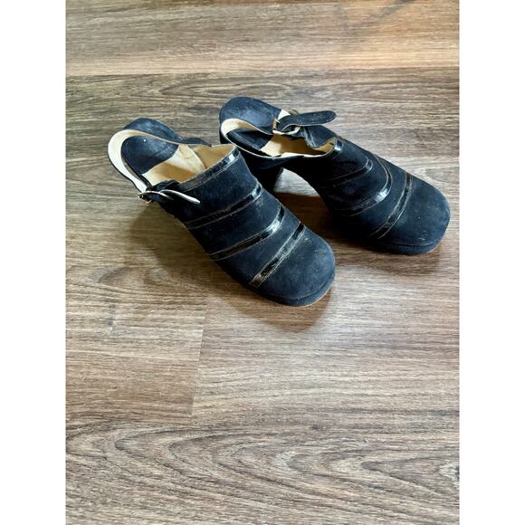 Vintage 1970s Faux Black Suede & Patent Leather Clogs Sling Back AS IS - Picture 3 of 11